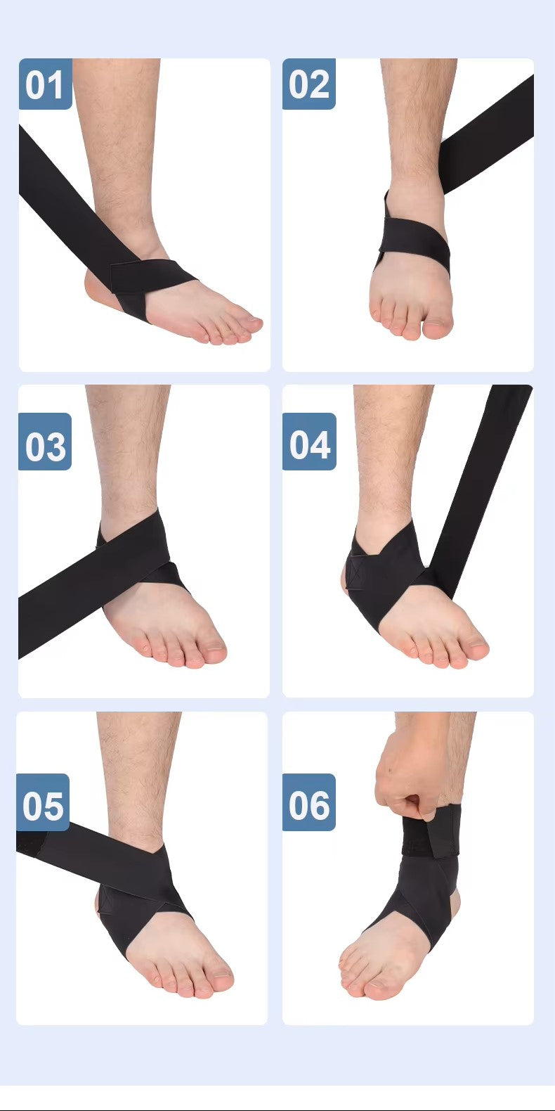 Flexibelt ankelstöd med justerbara remmar. Guide för påsättning