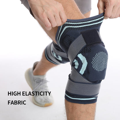 Stabilt knäskydd med justerbart spänne på ben – elastiskt textil med patellaring
