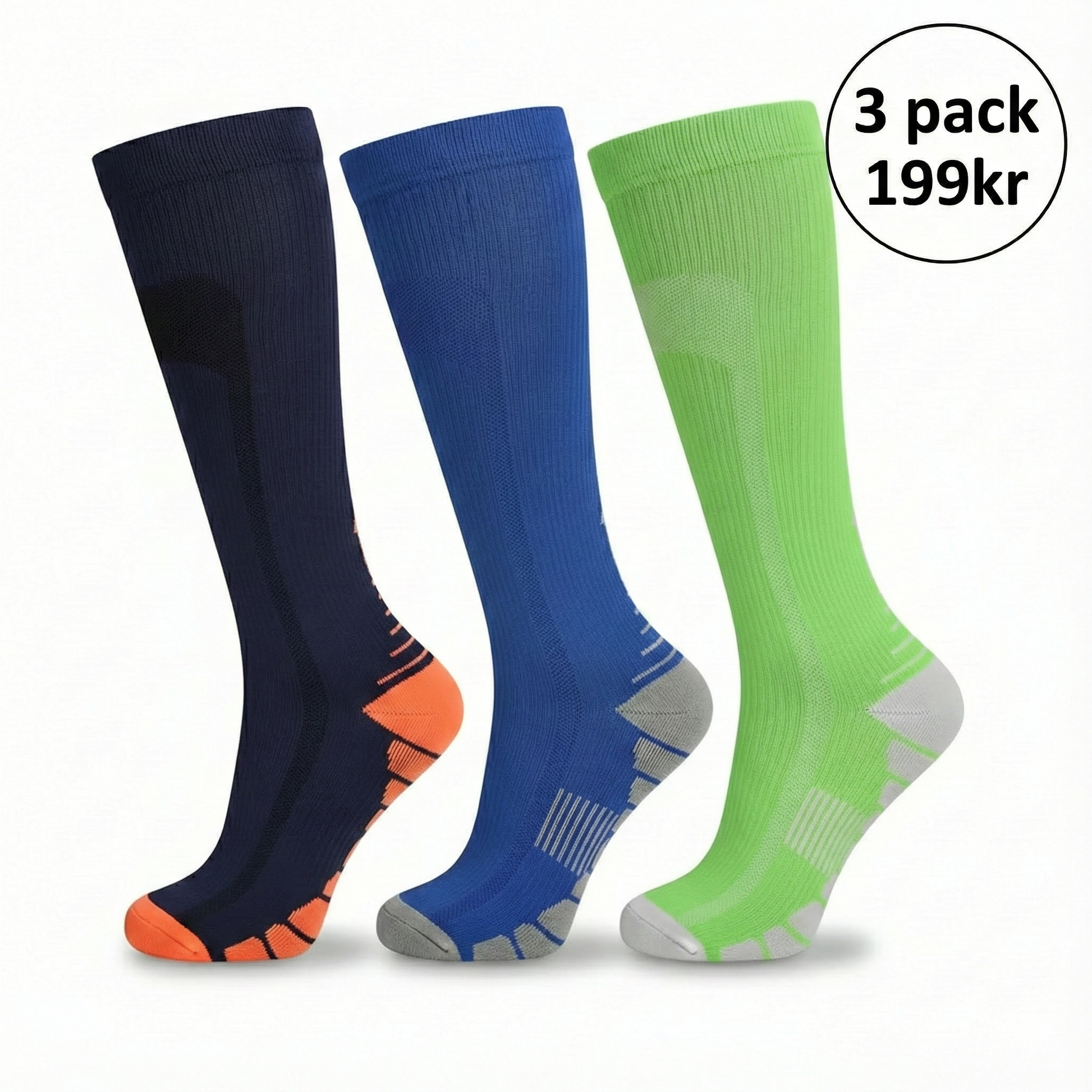 Sportstrumpor med Kompression, bild med tre färger och pris