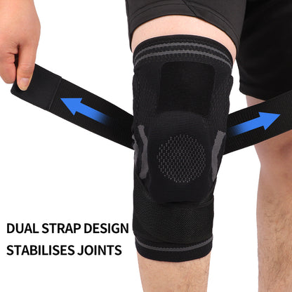 Knäskydd med dubbla justerbara band för stabilisering av knäleden – svart textil med patellaring