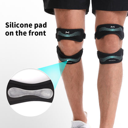 Dubbelt patellakneband på ben med silikonkudde för riktat stöd mot knäskålen – hopparknä och patellofemoralt syndrom
