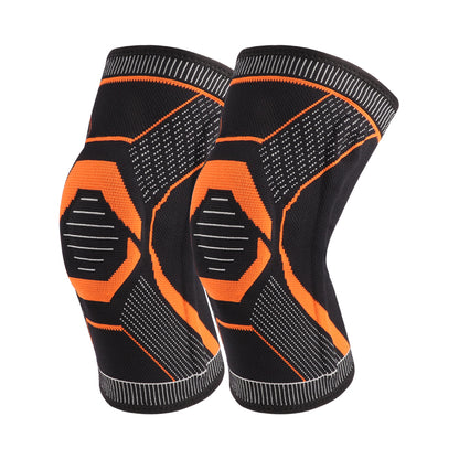 Knäskydd i elastisk textil med kompression och stretch – svart/orange, par, bakifrån