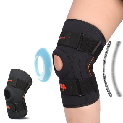 Stabilt knäskydd i neopren på ben – öppen patellaring och justerbara band för rehab och träning